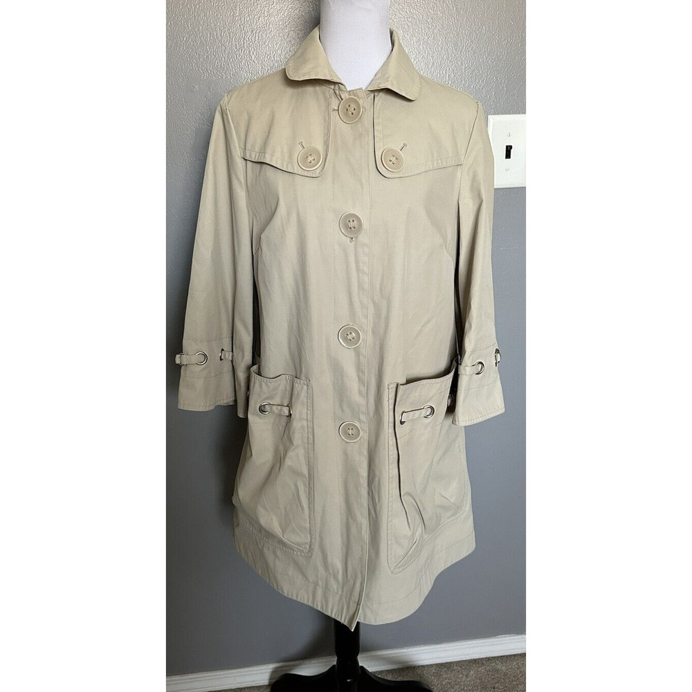Nine West Beige Button Up Trench Coat Sz M Rain Jacket 3/4 Bell Sleeve Pockets
